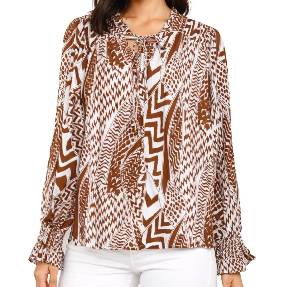 Fate Womens NWT Smocked Tie Neck Blouse Cognac Brown White Abstract Print Size S